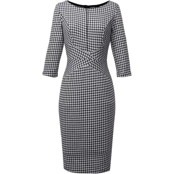 VFSHOW Womens Elegant Front Zipper Slim Work Business Office Party Pencil DressBlackwhite Plaid34 Sleeve