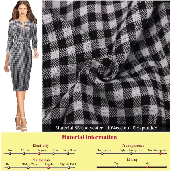 VFSHOW Womens Elegant Front Zipper Slim Work Business Office Party Pencil DressBlackwhite Plaid34 Sleeve