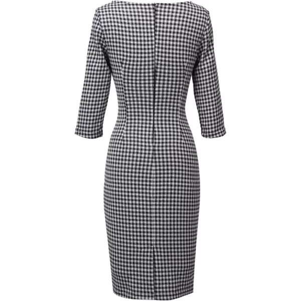 VFSHOW Womens Elegant Front Zipper Slim Work Business Office Party Pencil DressBlackwhite Plaid34 Sleeve