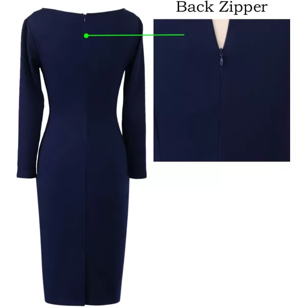 VFSHOW Womens Elegant Front Zipper Slim Work Business Office Party Pencil DressBlue Long Sleeve 2