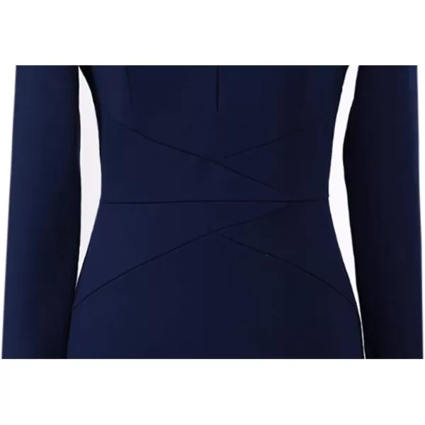 VFSHOW Womens Elegant Front Zipper Slim Work Business Office Party Pencil DressBlue Long Sleeve 2