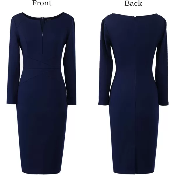 VFSHOW Womens Elegant Front Zipper Slim Work Business Office Party Pencil DressBlue Long Sleeve 2