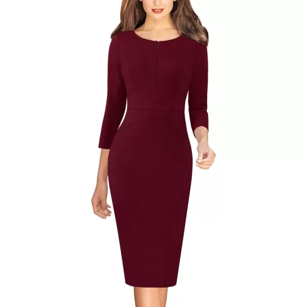 VFSHOW Womens Elegant Front Zipper Slim Work Business Office Party Pencil DressDark Red34 Sleeves