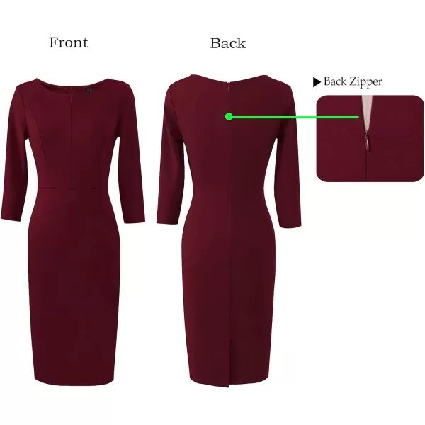 VFSHOW Womens Elegant Front Zipper Slim Work Business Office Party Pencil DressDark Red34 Sleeves