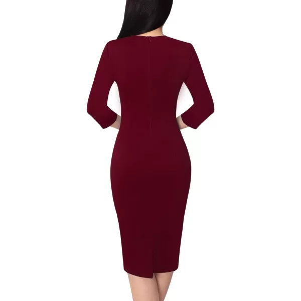 VFSHOW Womens Elegant Front Zipper Slim Work Business Office Party Pencil DressDark Red34 Sleeves