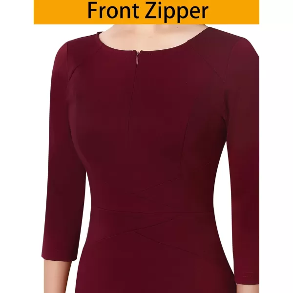 VFSHOW Womens Elegant Front Zipper Slim Work Business Office Party Pencil DressDark Red34 Sleeves