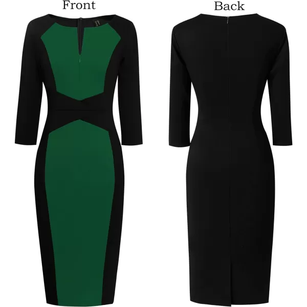 VFSHOW Womens Elegant Front Zipper Slim Work Business Office Party Pencil DressGreen and Black34 Sleeve