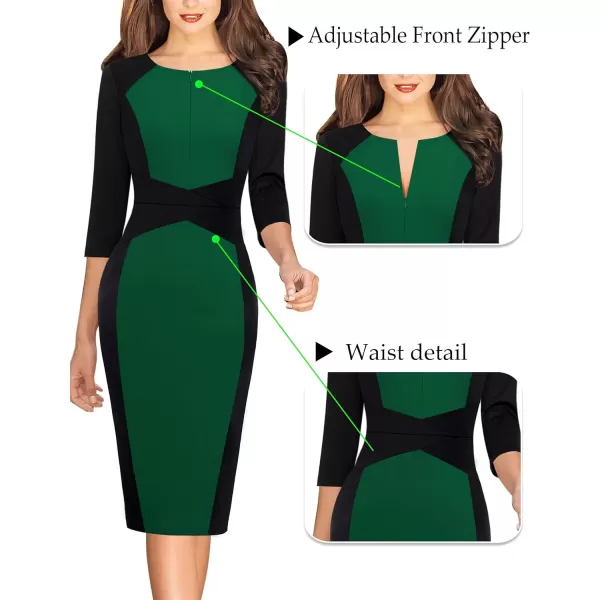 VFSHOW Womens Elegant Front Zipper Slim Work Business Office Party Pencil DressGreen and Black34 Sleeve