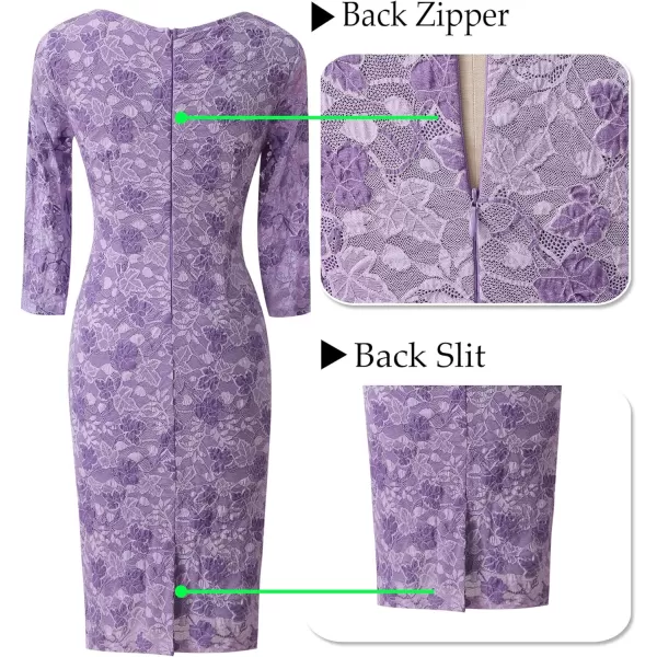 VFSHOW Womens Elegant Front Zipper Slim Work Business Office Party Pencil DressLight Purple Floral Lace