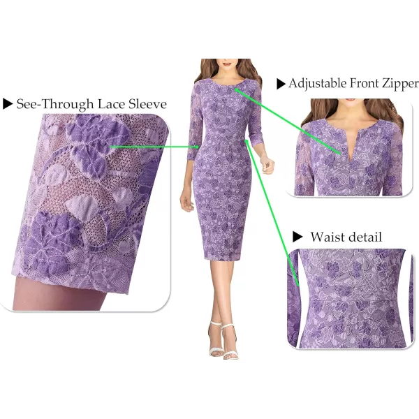 VFSHOW Womens Elegant Front Zipper Slim Work Business Office Party Pencil DressLight Purple Floral Lace