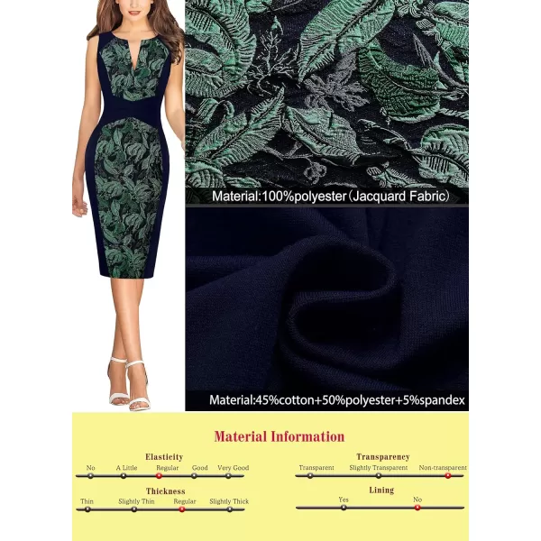 VFSHOW Womens Elegant Front Zipper Slim Work Business Office Party Pencil DressNavy Blue  Green Leaf Jacquard2