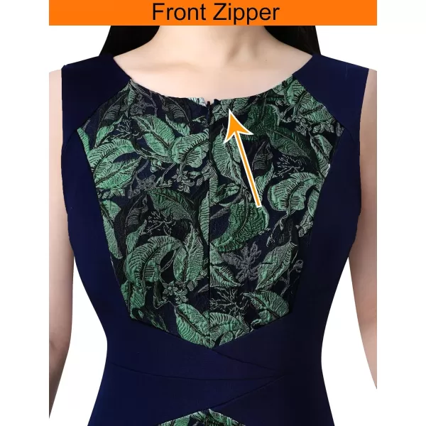 VFSHOW Womens Elegant Front Zipper Slim Work Business Office Party Pencil DressNavy Blue  Green Leaf Jacquard2