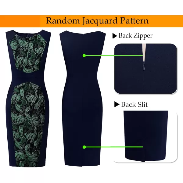 VFSHOW Womens Elegant Front Zipper Slim Work Business Office Party Pencil DressNavy Blue  Green Leaf Jacquard2