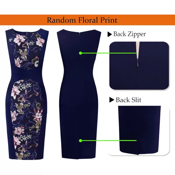 VFSHOW Womens Elegant Front Zipper Slim Work Business Office Party Pencil DressNavy Blue and Floral Print3