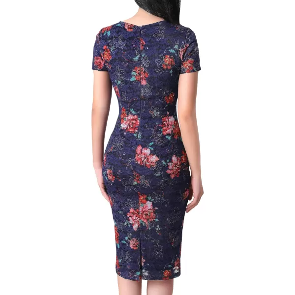 VFSHOW Womens Elegant Front Zipper Slim Work Business Office Party Pencil DressNavy and Red Floral Print