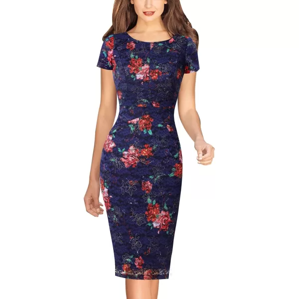 VFSHOW Womens Elegant Front Zipper Slim Work Business Office Party Pencil DressNavy and Red Floral Print