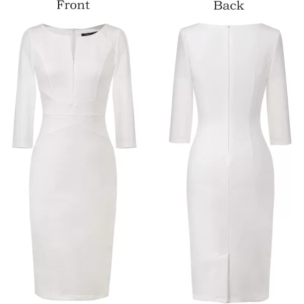 VFSHOW Womens Elegant Front Zipper Slim Work Business Office Party Pencil DressOffwhite34 Sleeve2