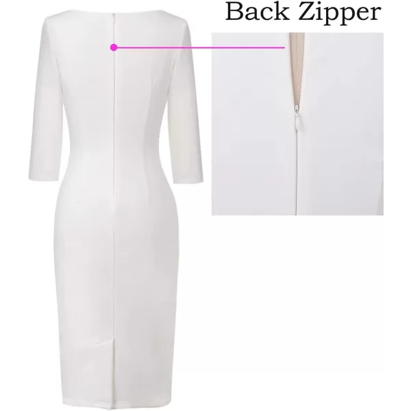 VFSHOW Womens Elegant Front Zipper Slim Work Business Office Party Pencil DressOffwhite34 Sleeve2