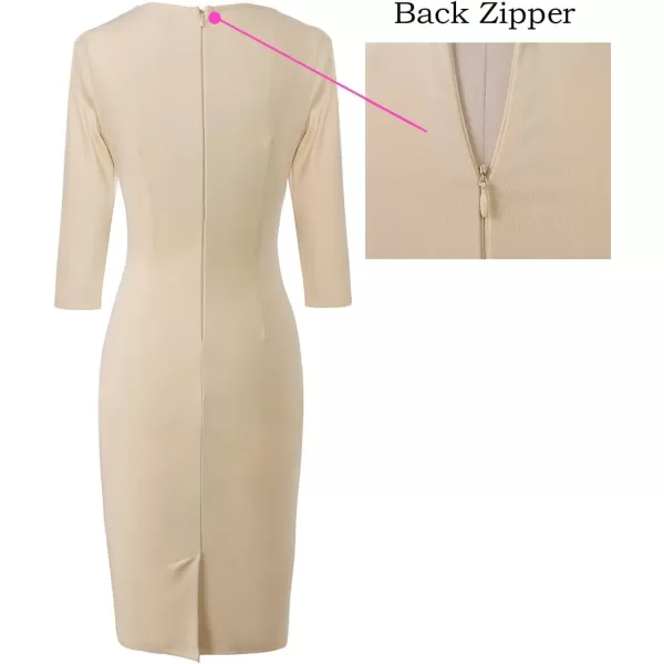 VFSHOW Womens Elegant Notch V Neck Ruched Work Office Business Bodycon Sheath DressBeige34 Sleeve