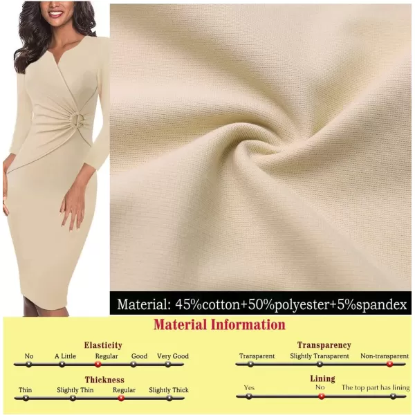 VFSHOW Womens Elegant Notch V Neck Ruched Work Office Business Bodycon Sheath DressBeige34 Sleeve