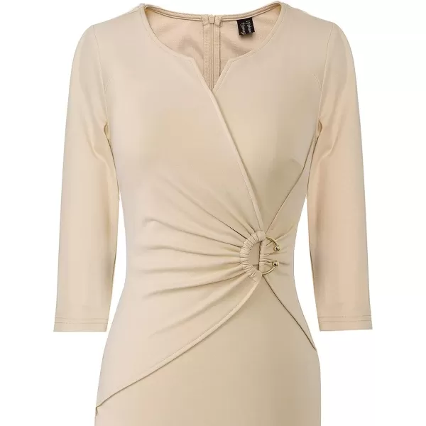 VFSHOW Womens Elegant Notch V Neck Ruched Work Office Business Bodycon Sheath DressBeige34 Sleeve