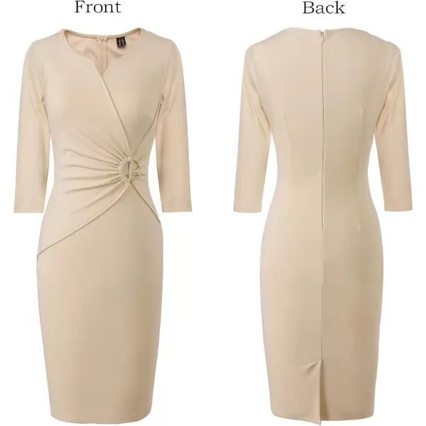 VFSHOW Womens Elegant Notch V Neck Ruched Work Office Business Bodycon Sheath DressBeige34 Sleeve