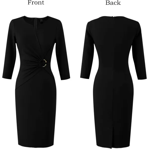 VFSHOW Womens Elegant Notch V Neck Ruched Work Office Business Bodycon Sheath DressBlack34 Sleeve