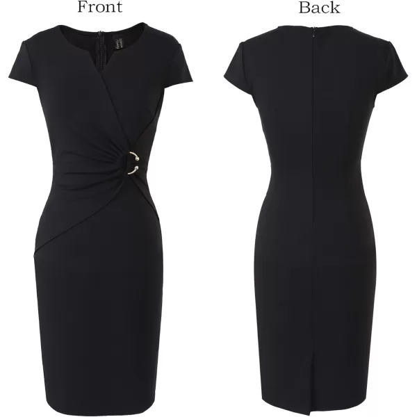 VFSHOW Womens Elegant Notch V Neck Ruched Work Office Business Bodycon Sheath DressBlackcap Sleeve