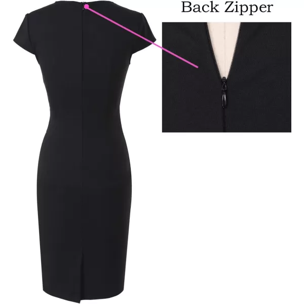 VFSHOW Womens Elegant Notch V Neck Ruched Work Office Business Bodycon Sheath DressBlackcap Sleeve