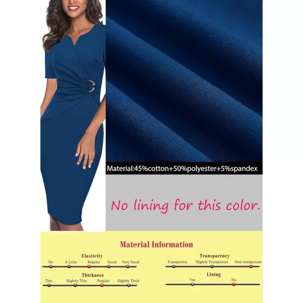 VFSHOW Womens Elegant Notch V Neck Ruched Work Office Business Bodycon Sheath DressBlue