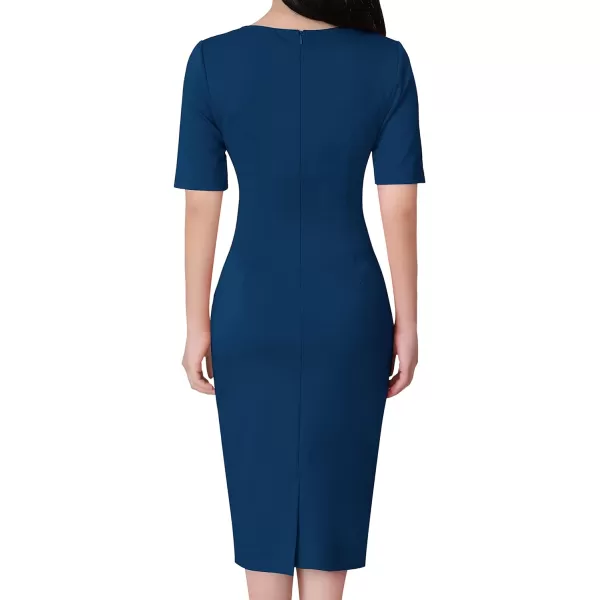 VFSHOW Womens Elegant Notch V Neck Ruched Work Office Business Bodycon Sheath DressBlue