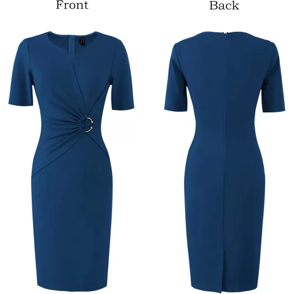 VFSHOW Womens Elegant Notch V Neck Ruched Work Office Business Bodycon Sheath DressBlue