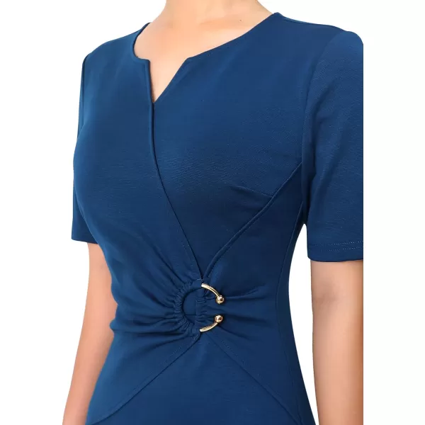 VFSHOW Womens Elegant Notch V Neck Ruched Work Office Business Bodycon Sheath DressBlue