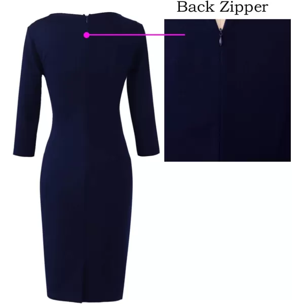 VFSHOW Womens Elegant Notch V Neck Ruched Work Office Business Bodycon Sheath DressDark Blue34 Sleeve