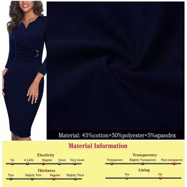 VFSHOW Womens Elegant Notch V Neck Ruched Work Office Business Bodycon Sheath DressDark Blue34 Sleeve