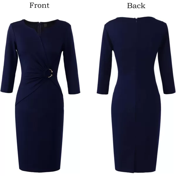 VFSHOW Womens Elegant Notch V Neck Ruched Work Office Business Bodycon Sheath DressDark Blue34 Sleeve