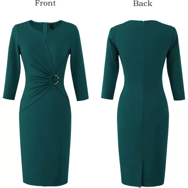 VFSHOW Womens Elegant Notch V Neck Ruched Work Office Business Bodycon Sheath DressDark Green2