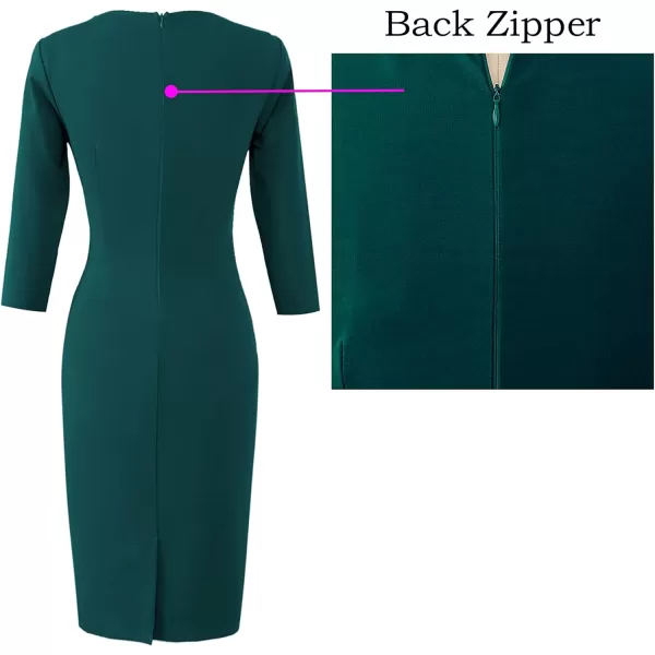 VFSHOW Womens Elegant Notch V Neck Ruched Work Office Business Bodycon Sheath DressDark Green2