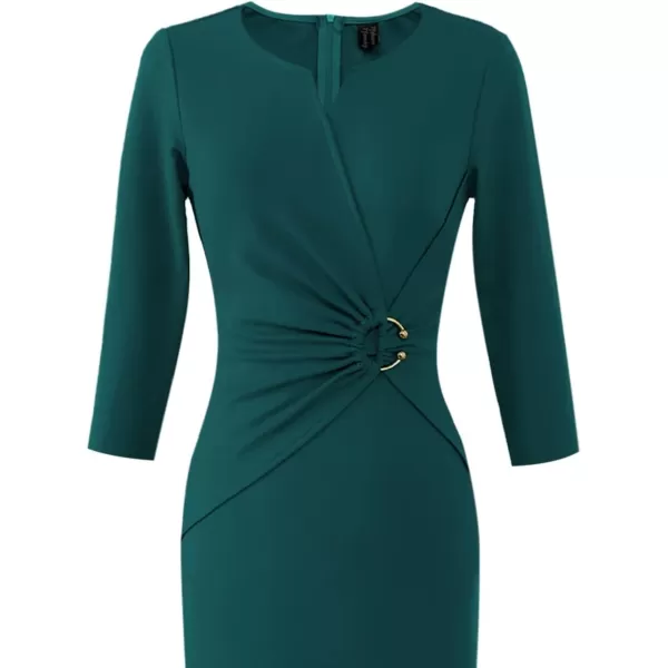 VFSHOW Womens Elegant Notch V Neck Ruched Work Office Business Bodycon Sheath DressDark Green2