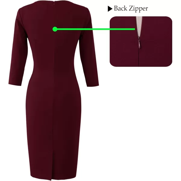 VFSHOW Womens Elegant Notch V Neck Ruched Work Office Business Bodycon Sheath DressDark Red