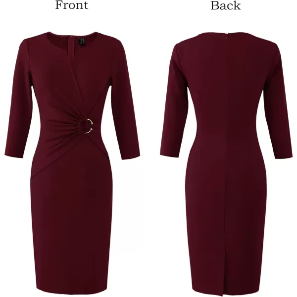 VFSHOW Womens Elegant Notch V Neck Ruched Work Office Business Bodycon Sheath DressDark Red