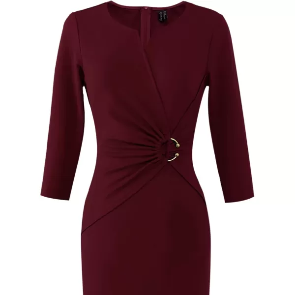 VFSHOW Womens Elegant Notch V Neck Ruched Work Office Business Bodycon Sheath DressDark Red