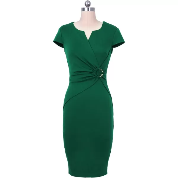 VFSHOW Womens Elegant Notch V Neck Ruched Work Office Business Bodycon Sheath DressGreen