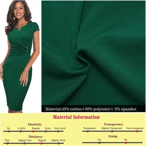 VFSHOW Womens Elegant Notch V Neck Ruched Work Office Business Bodycon Sheath DressGreen