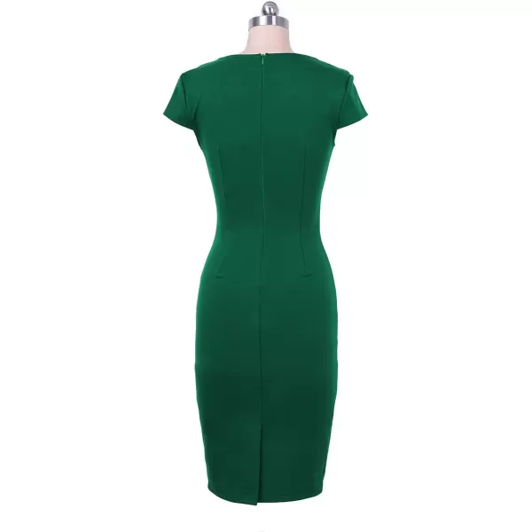 VFSHOW Womens Elegant Notch V Neck Ruched Work Office Business Bodycon Sheath DressGreen