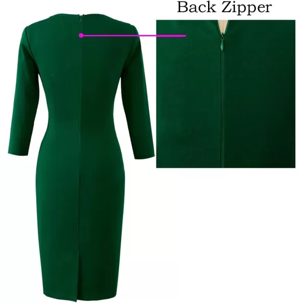 VFSHOW Womens Elegant Notch V Neck Ruched Work Office Business Bodycon Sheath DressGreen34 Sleeve