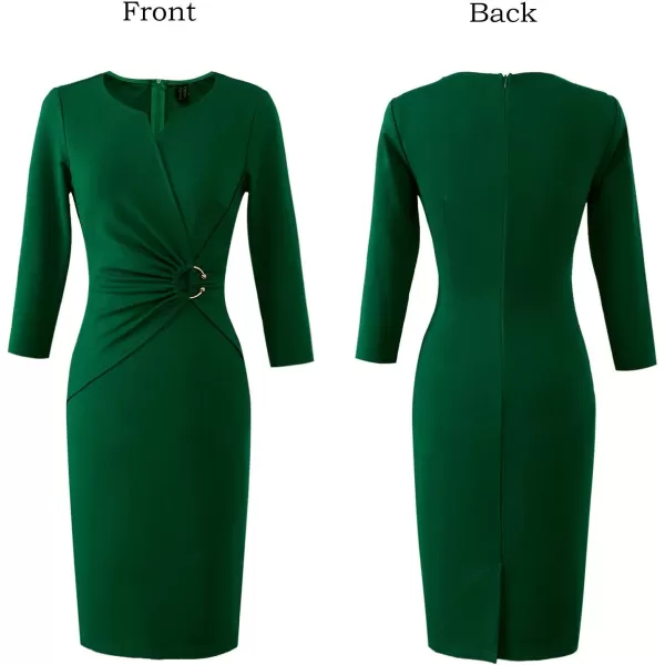 VFSHOW Womens Elegant Notch V Neck Ruched Work Office Business Bodycon Sheath DressGreen34 Sleeve