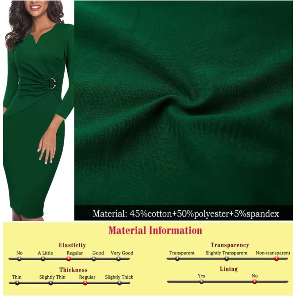 VFSHOW Womens Elegant Notch V Neck Ruched Work Office Business Bodycon Sheath DressGreen34 Sleeve