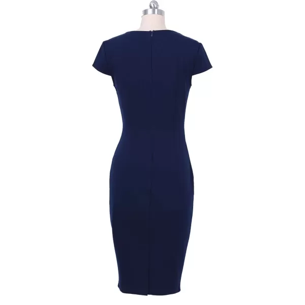 VFSHOW Womens Elegant Notch V Neck Ruched Work Office Business Bodycon Sheath DressNavy Blue