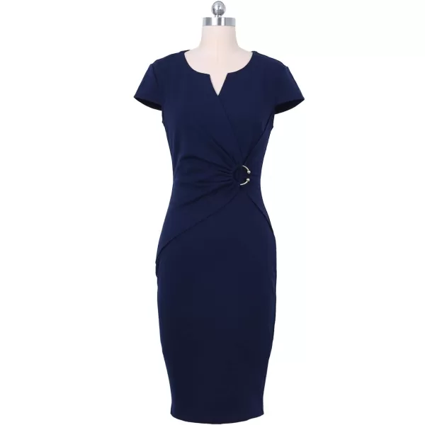 VFSHOW Womens Elegant Notch V Neck Ruched Work Office Business Bodycon Sheath DressNavy Blue